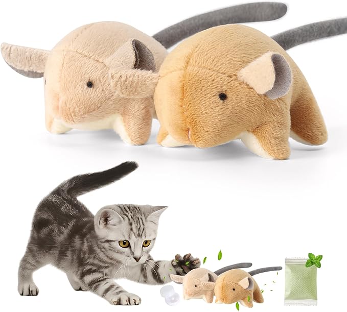 Plush Catnip Mice Toys with Rattle Sound- 2 Pcs Interactive Cat Toys for Indoor Cats, Durable Stress Relief Eco-Friendly Small Mouse Chew Playthings（with Catnip Bag