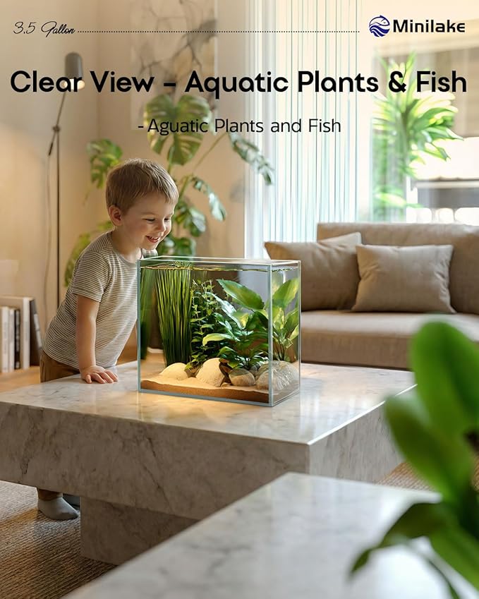 3.5 Gallon Clear Glass Fish Tank, Aquarium Fish Bowl Ultra Clear Rimless Design for Betta Goldfish Snails Shrimp Aquatic Planting