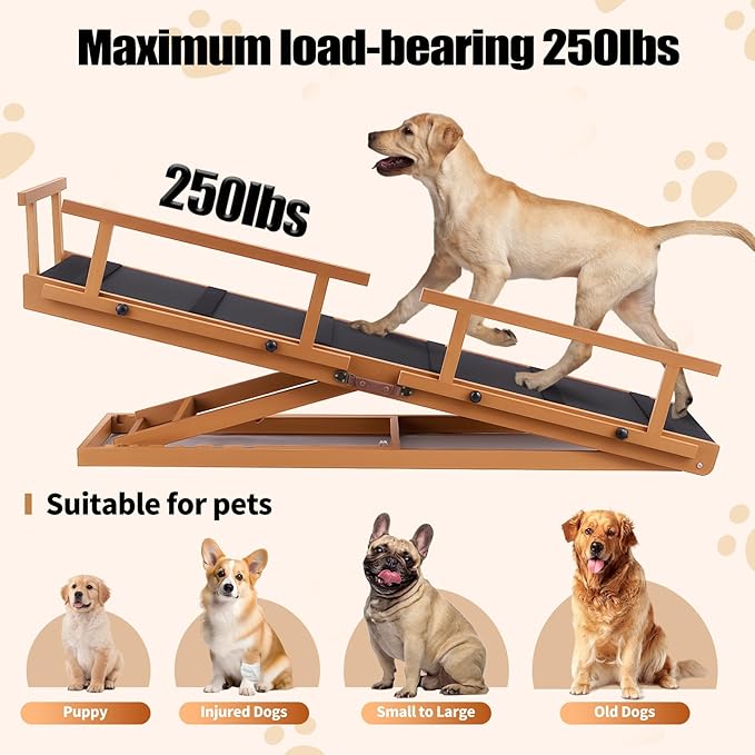 Dog Ramps for Beds, 64" Long Foldable Pet Ramps for Large Dogs, Portable Wooden Dog & Cat Ramps for Couch, Furniture-Grade Dog Step Adjustable Height W/Non Slip Mat & Safety Side Rails