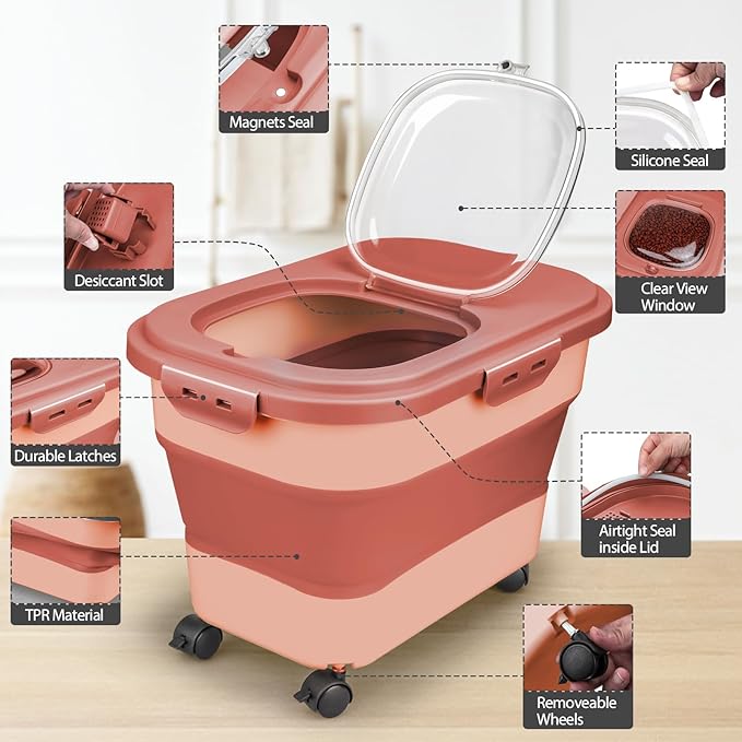 Dog Food Storage Container, 10-20Lbs Collapsible Pet Food Storage Containers with Rolling Wheel Airtight Locking Lid, Dry Food Storage Bin with Cup and Scoop,Suitable for Pet Food, Rice, Flour