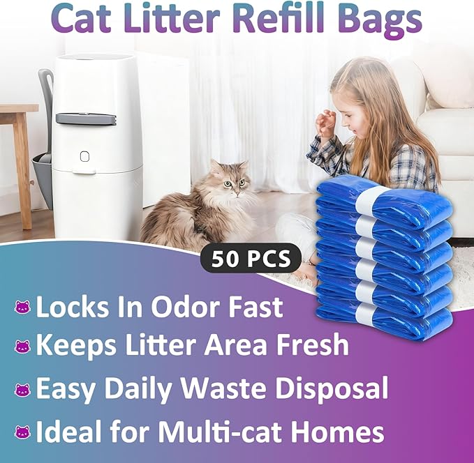 50 Pcs Cat Litter Refill Bags Compatible with Litter Genie XL/Plus/Standard/Pet Pail, Durable Universal Cat Litter Refills with Odor-Lock Design(Not Include Cartridge)