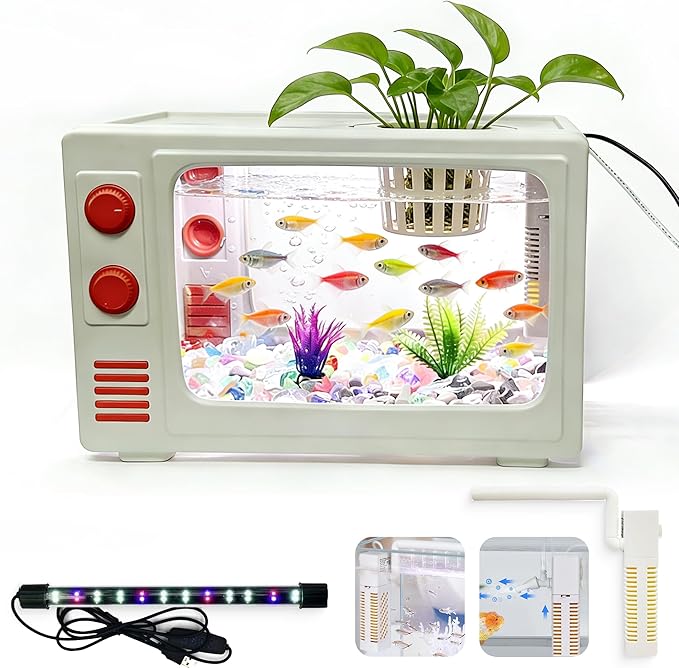 3 Gallon Fish Tank Aquarium Kit with LED Lights, Filter & Plant Planter - Retro TV Shaped Design Desktop Water Garden for Betta/Goldfish (White - 3 Gallon)