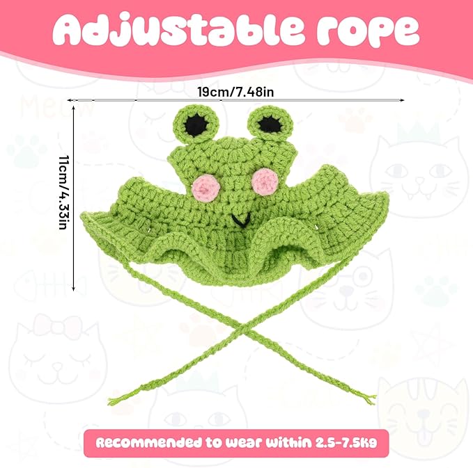 Frog Cat Hat, Cotton & Soft Cute Knitted Cat Hat Birthday Party Christmas Puppy Hats for Small Pets (Green, M)