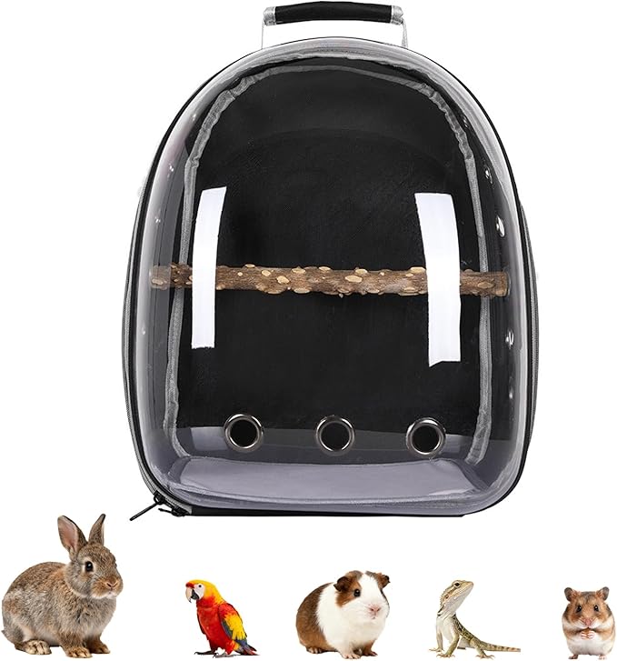 Transparent Parrot Backpack,12 Holes Ventilate Space Capsule Carrier,Stick Wooden Standing Perch,Portable Double Shoulder Outdoor Pet Backpack Carrier for Birds and Pets (Black,with Stick)