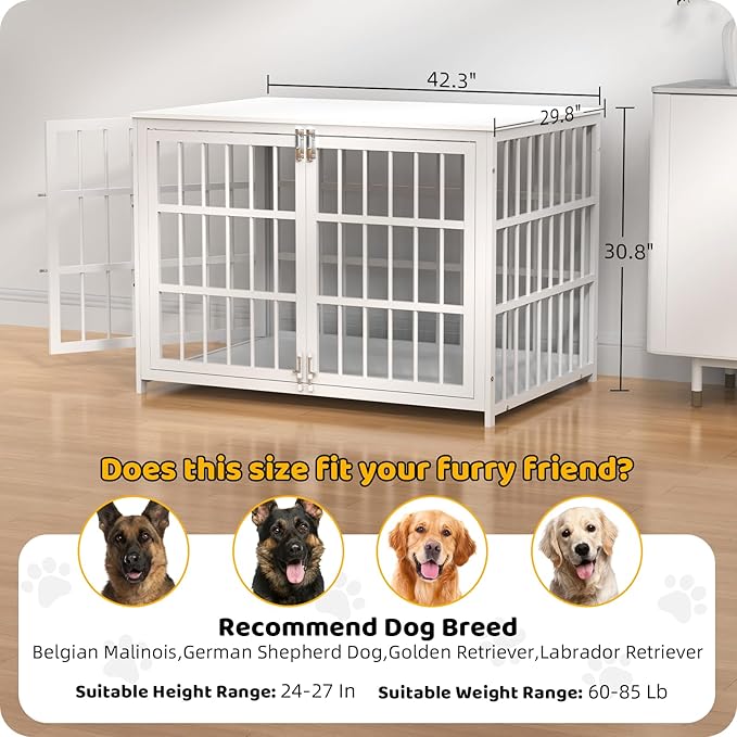 Heavy Duty Dog Crate Furniture – Indestructible Furniture Style Dog Kennel with Wooden Table Top, Escape-Proof Crate for High Anxiety Dogs, Decorative Indoor Pet House with Double Doors & Secure Locks