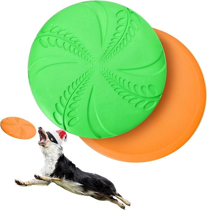 Nobleza 2 Pack Dog Flying Disc, 8in Interactive Flyer Dog Toys for Small Medium Large Dogs to Fetch, Durable Outdoor Dog Disc Toy for Long-Distance Flies and Floats on Water, Orange & Green