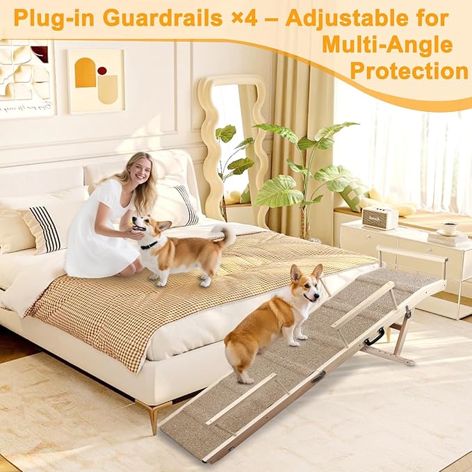 Dog Ramp for Bed, Couch & Car – Adjustable Foldable Pet Ramp, 64.17" Long, 17.72" Wide, Non-Slip Surface with Safety Rails, 8 Heights 20.08"-28.35", Supports 220 lbs, Solid Wood (Wood, 17.72)
