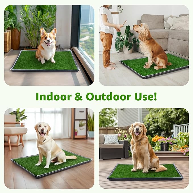 Dog Grass Pad with Tray - 41''x27'' Portable Dog Litter Box with 2 Pack Hemmed Edge Artificial Grass + 2 Washable Reusable Pee Pads, Indoor Outdoor Fake Grass Pad for Dogs Potty