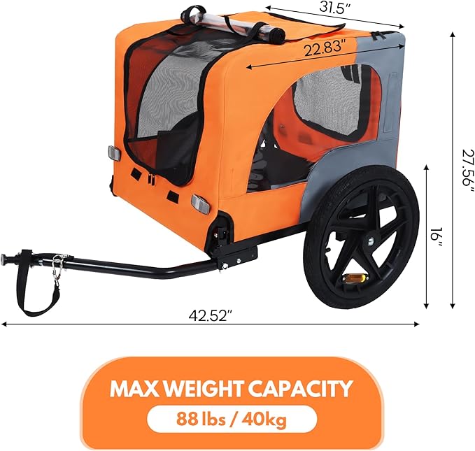 Pet Bike Trailer,Dog Bike Trailer for Small and Medium Pets,Up to 88lbs Easy Folding Cart Frame Quick Release Wheels,Non-Slip Floor,Internal Leash