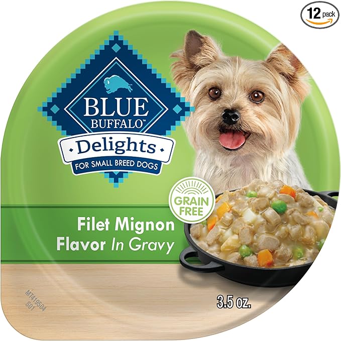 Blue Buffalo Delights Small Breed Natural Wet Dog Food, Filet Mignon Flavor in Gravy, 3.5-oz Cups, 12 Count
