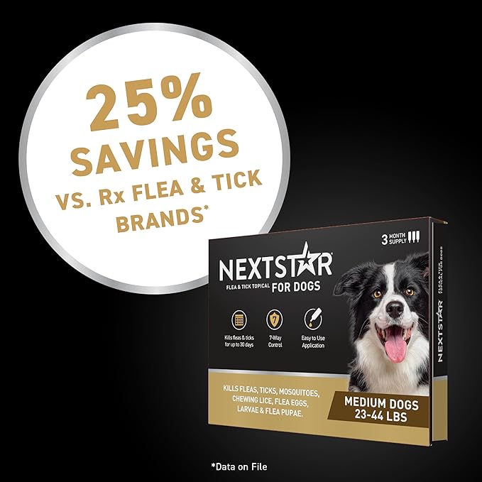 NEXTSTAR Flea and Tick Prevention for Dogs, Repellent, and Control, Fast Acting Waterproof Topical Drops for Medium Dogs, 6 Monthly Doses