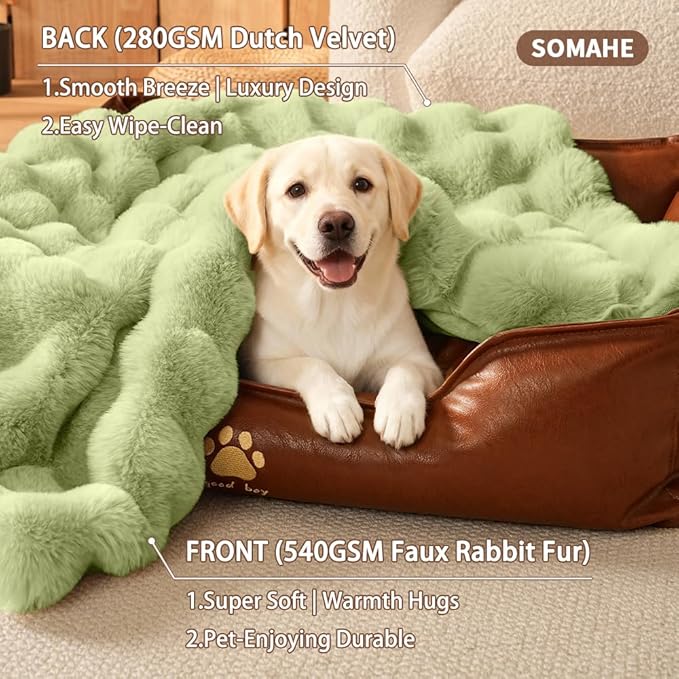Dog Blanket Self-Warming Throw for Medium & Large Dogs, Dual-Side Sherpa Plush, Thick Crate Bed Cover & Car Seat Mat, Anti-Static Machine Washable No Shrink, 39x30 Inch Green