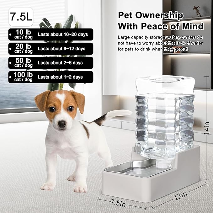 RIZZARI Stainless Steel Pet Water Feeder: 8L Large Gravity Waterer, Less Refills for Busy Owners - Leak-Proof Auto Refill - Anti-Tip Base - No Filter - for 20-35 LB Dogs - Multi-Pet/Home/Travel