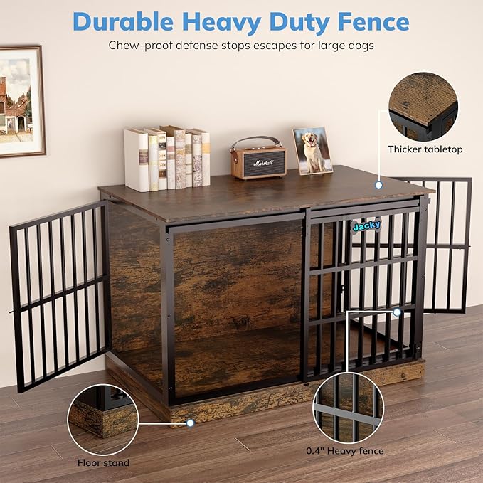 Petrova 47" Dog Crate Furniture for 1 Dogs, Heavy Duty Indoor Dog Kennel for Medium/Large Dogs, Wooden Dog Cage with Sliding Barn Door, Name Tag, Brown