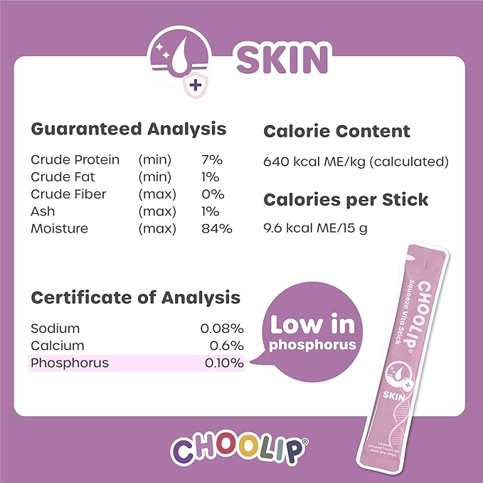 Choolip Squeeze Vita Stick Lickable Cat and Dog Treats, 7-Count Skin and Coat Support, Salmon and Pollack with Biotin and Omega-3, Vet-Formulated