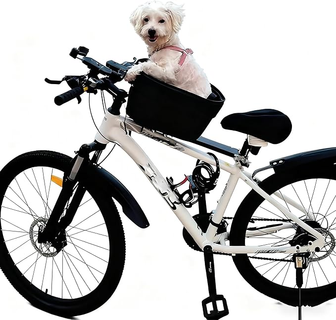 Dog Bike Basket – Bicycle Pet Carrier with Quick-Release Mount, Safety Tether & Metal Wire Frame – Front Bike Basket for Small Dogs & Cats, 34×23×18 cm, up to 25 lb(Under 25 pounds)