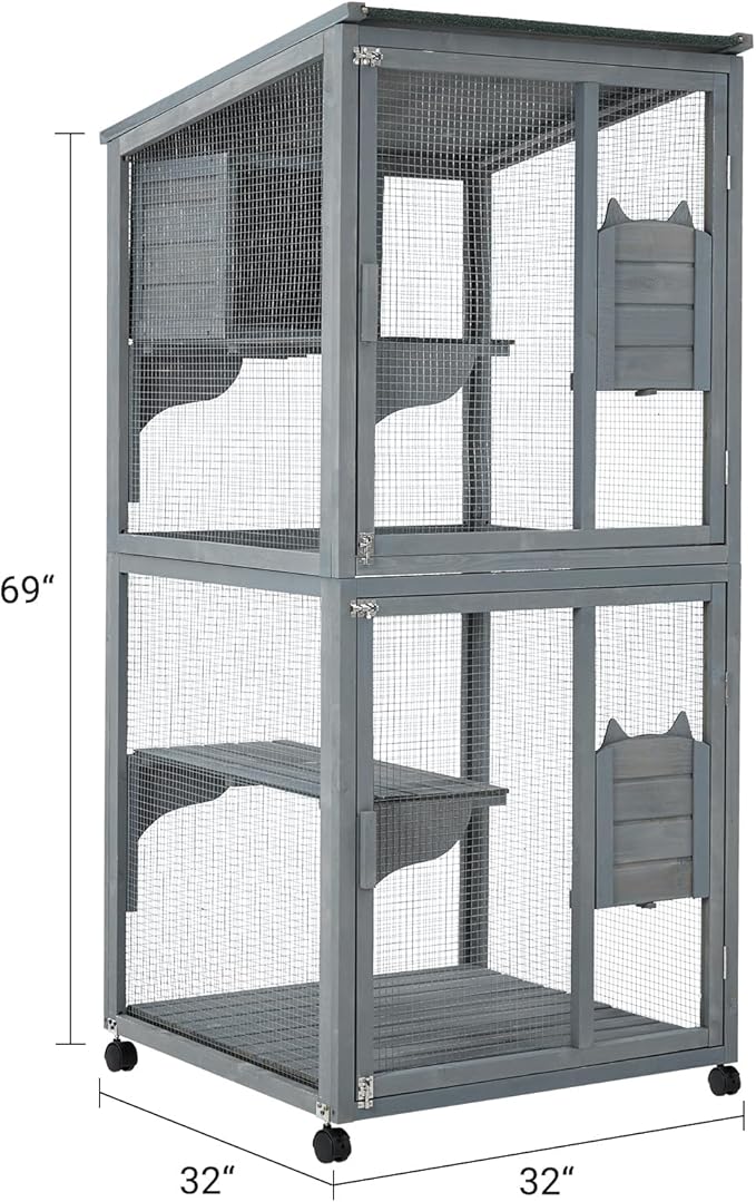Cat Patio Enclosure, 69" Large Indoor Outdoor Catio Cage with Waterproof Roof, Lockable Wheels, Resting Cabin & Platforms for Multi-Cat Families, Weatherproof Catios