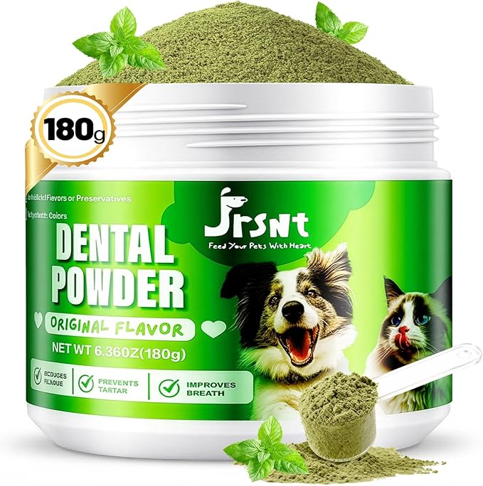 Dog Dental Powder, Dog Teeth Cleaning Powder, Natural Herbal Blend with 5 Probiotics and Lysozyme, Plaque Off Pet Tooth Cleaning, Bad Breath &Tartar Remover for Dogs All Breeds-180g