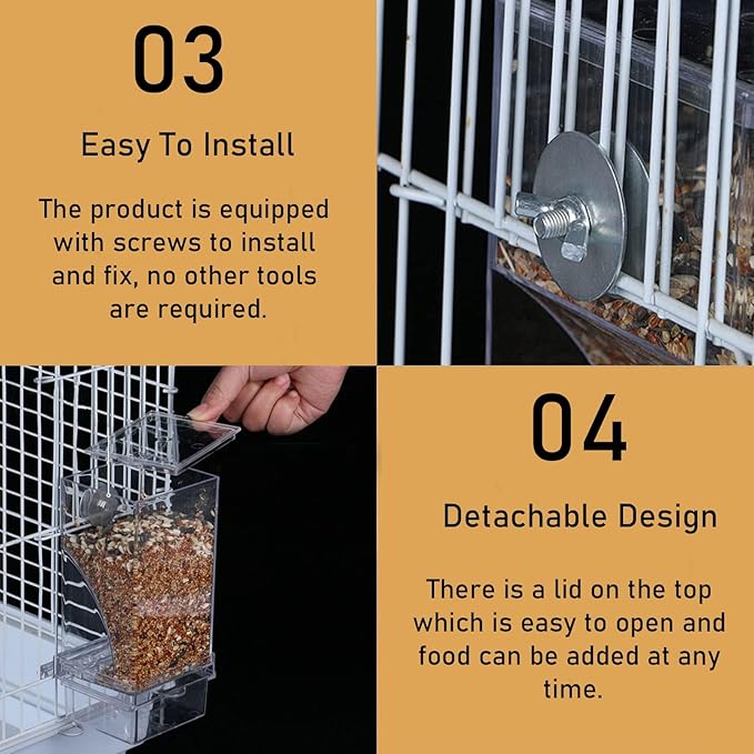 Automatic Bird Feeder for Cage No Mess Parakeet Feeder Seed Food Container Feeding Station Cage Accessories for Small Birds Parrot Canary Lovebirds(Transparent)