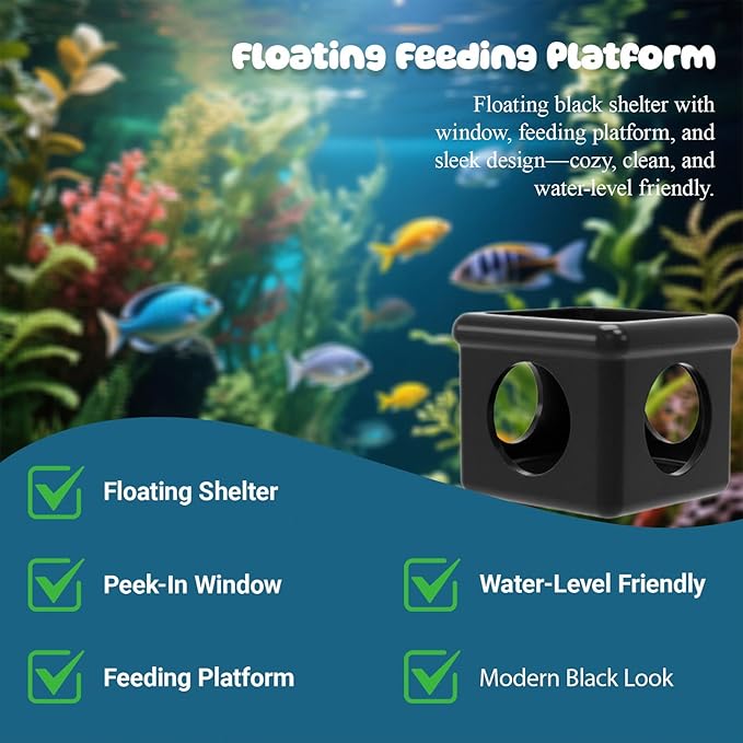 Black Floating Betta Fish Hideout with Round Holes & Window – Floating Cave Hammock, Feeding Platform & Resting Tunnel – Betta Fish Shelter for Nano Tanks, Bowls & Small Aquariums