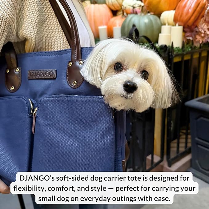 DJANGO Waxed Canvas & Leather Dog Carrier Tote Bag – Premium Soft-Sided Travel Dog Purse with Safety Leash, WR Lining, Zipper Pockets – Everyday Pet Carrier for Small Dogs up to 20 lbs (Navy, Large)