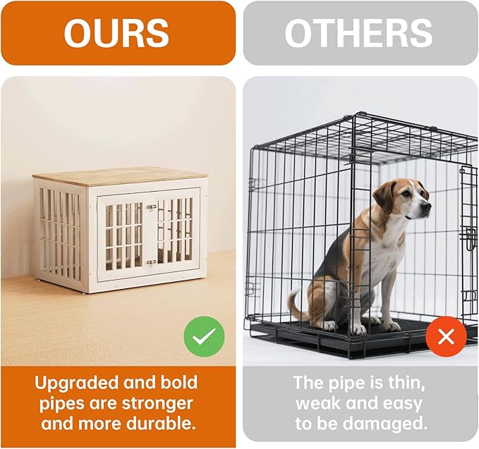 38" Heavy Duty Dog Crate Furniture for Small,Medium and Large Dogs,Rustic Wooden Dog Cage Kennel Indoor Furniture with Waterproof Top,Decorative Pet House Side End Table (White & Wood)