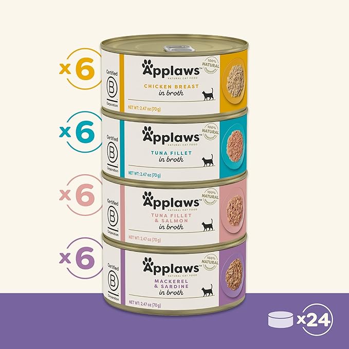 Applaws Natural Wet Canned Cat Food, Limited and Natural Ingredients, High Protein with No Artificial Additives, Variety Selection in Broth (24 x 2.47 oz Cans)