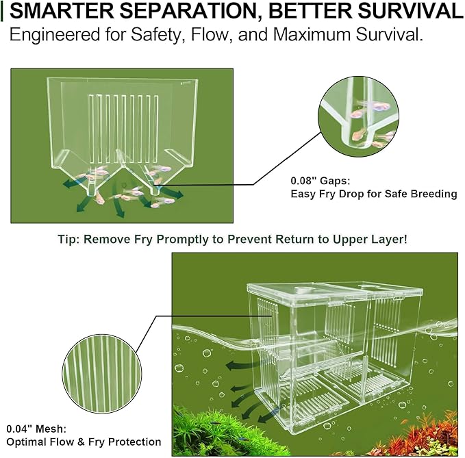 Dual-Chamber Aquarium Fish Breeder & Isolation Box, Transparent Hatching Incubator Tank with Suction Cups & Hook, Nursery for Livebearer Guppy Fry Breeding and Betta Fish, Shrimp Quarantine