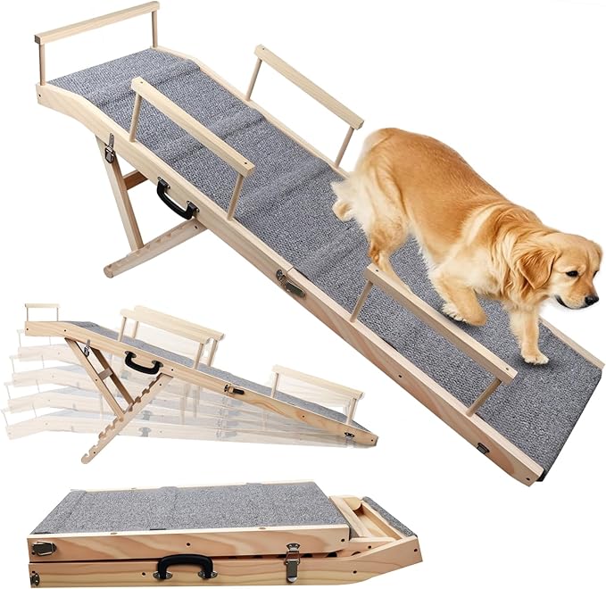 Dog Ramp for Bed, Couch & Car – Adjustable Foldable Pet Ramp, 64.17" Long, 17.72" Wide, Non-Slip Surface with Safety Rails, 8 Heights 20.08"-28.35", Supports 220 lbs, Solid Wood (Gray, 17.72)