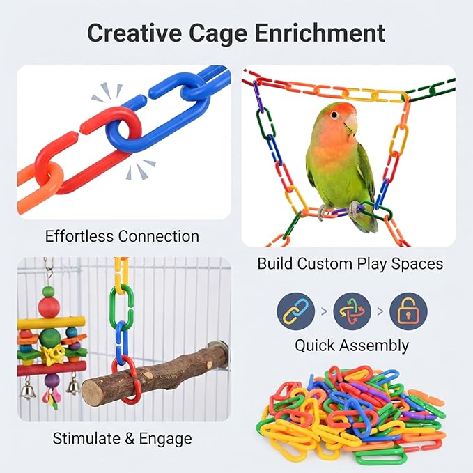 Sukh 250pcs Plastic C Clips Hooks Chain Links - Interchangeable Rainbow C-Links for Pet Parrot Parakeets Rat Sugar Glider Small Bird Cage Toys, Children Learning Supplies.