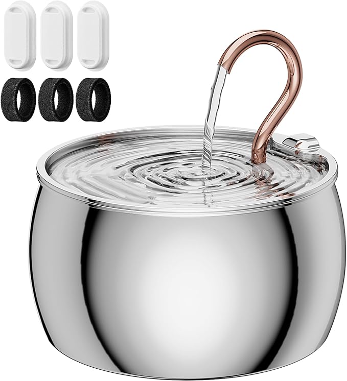 Cat Water Fountain Stainless Steel -2.5L/84oz Gooseneck Kitty Spout Cat Fountain for Drinking - Pet Water Fountain for Cats Inside with 3 Replacement Filters & 3 Pre-Filter Sponges - for Pets