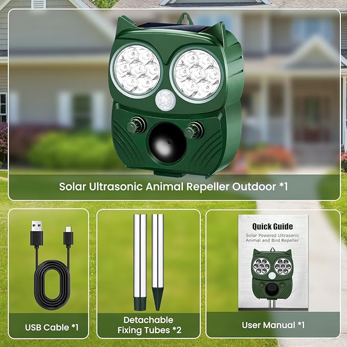 Cat Repellent Outdoor, Solar Ultrasonic Animal Repellent Outdoor with Motion Sensor Waterproof Cat Deterrent to Scare Cats Dog Deer Raccoon Skunk Squirrel