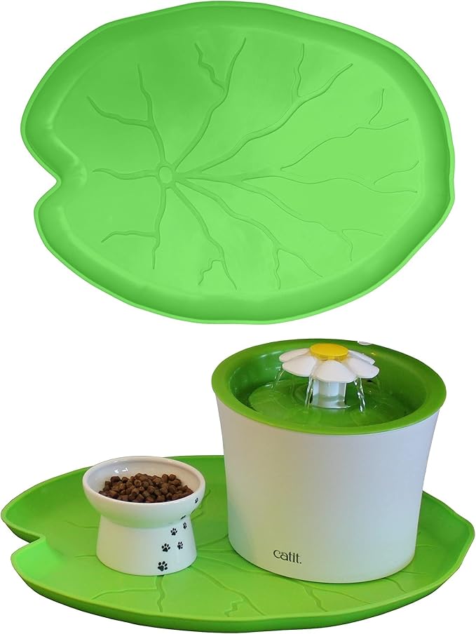 PetStandard Premium Pet Food Tray - Dog and Cat Food Mat with Green Leaf Design - Best for Catit and Drinkwell Water Pet Fountains. Fountain Not Included