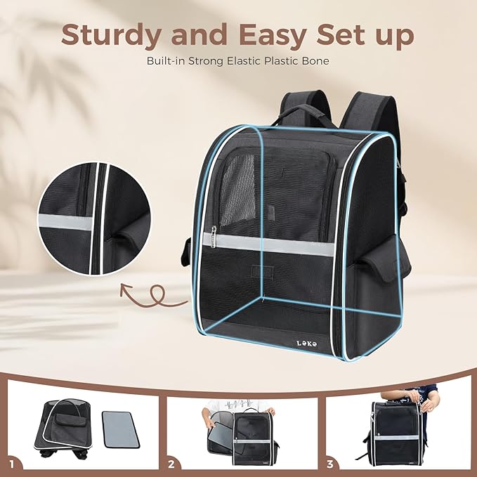 Lekereise Ventilated Dog Backpack Carriers, Cat Carrier Backpacks with Breathable Mesh for Small Cats Dogs Puppies Up to 17 Lbs, Pet Foldable Backpack Great for Travel Hiking Camping Outdoor Black
