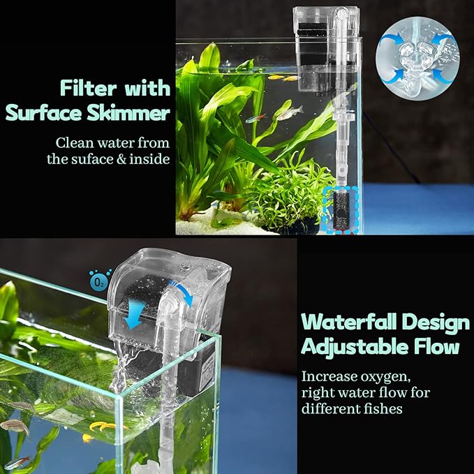 Rimless Glass Aquarium Starter Kit (3 Gal), Ultra Clear Low Iron Glass Fish Tank Set, Small Beta Fish Tank & Filter with Surface Skimmer & 3-Mode LED Light