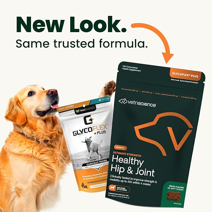 VetriScience Ultimate Strength Healthy Hip & Joint Chews, GlycoFlex Glucosamine,Chondroitin & Green-Lipped Mussel Support Supplement for Dogs, Soothe Joint Discomfort,Duck,60 Count (Pack of 2)