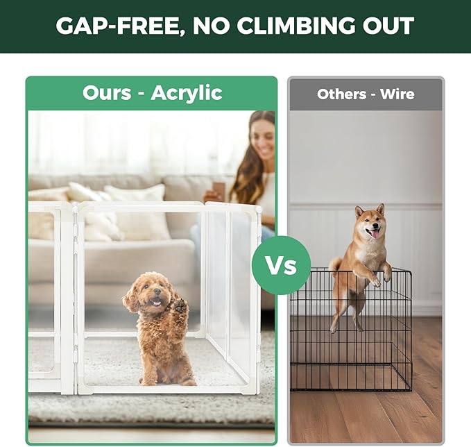 FXW AuraSpace Pro Metal & Acrylic Indoor Dog Playpen, All-Acrylic Clear Heavy-Duty Design, 24" Height 12 Panels for Puppies & Small Dogs, White│Patented