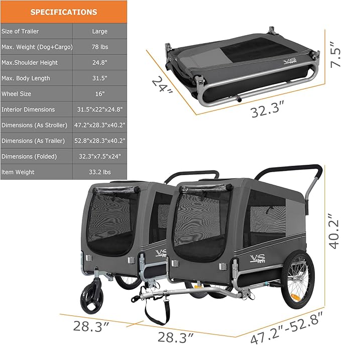 Tiggo Veelar Sports Pets Large Dog Bike Trailer & Stroller for Medium,Large Dog or Multiple Small Dogs, Pet Stroller for Dogs Up to 78 lbs, Parking Brakes, Low Center of Gravity