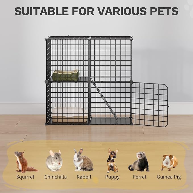 DWVO Cat Enclosure for Kittens, 2-Tier Pet Cage for Small Animals, Kitty Playpen for Indoor Outdoor Black