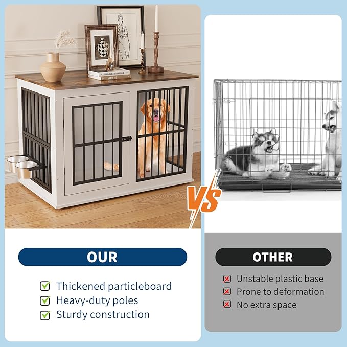 Dog Crate Furniture, 39.7" White Wooden Kennel, Heavy Duty Indestructible Dog Cage with Liftable Top Panel, Decorative Pet Crate House End Table TV Stand for Large Breed Medium Small High Anxiety Dogs