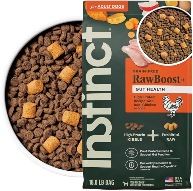 Instinct RawBoost Gut Health, Natural Dry Dog Food with Freeze-Dried Pieces, High Protein, Grain-Free Recipe - Real Chicken, 18 lb. Bag