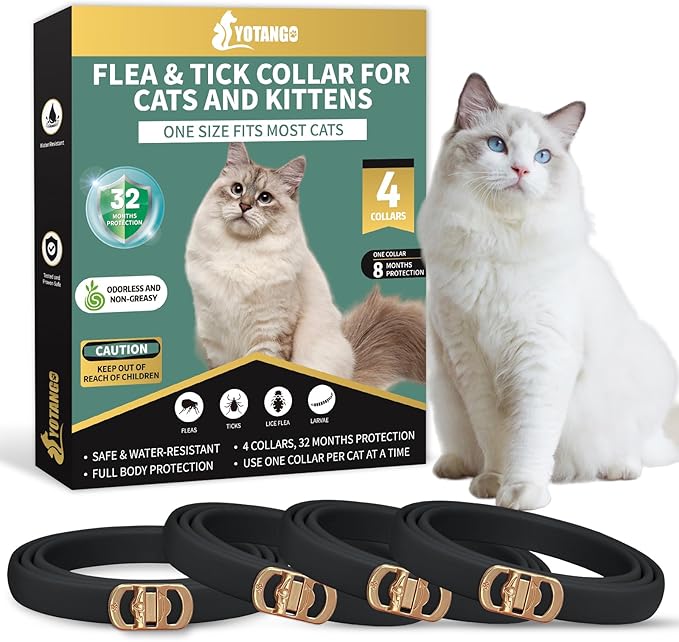 YOTANGO 4 Pack Flea Collar for Cats, 32 Months Flea and Tick Prevention for Cats, Waterproof Cat Fleas Collar, Cat Fleas and Ticks Treatment, Adjustable Tick Collars for Kittens-Black