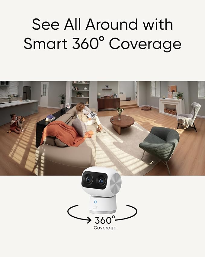 eufy Security 4K UHD Indoor Cam S350, Dual Cameras, 8× Zoom, 360° Pan & Tilt Security Cmera,AI Auto-Tracking,Baby/Pet/Nanny Camera, Human/Pet Detection, 2.4G/5G Wi-Fi