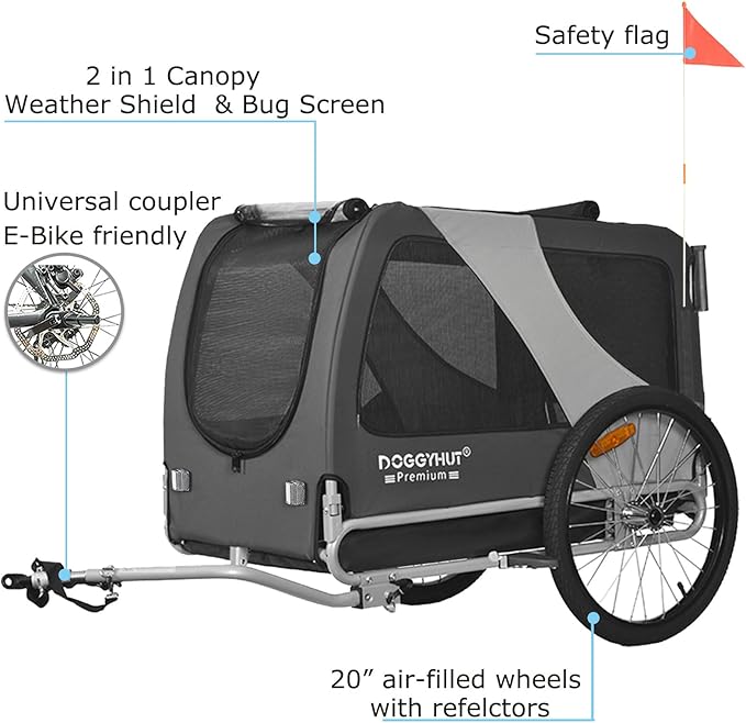 DOGGYHUT® Premium Large/XL Pet Bike Trailer & Stroller for Large Sized Dog or Multiple Small Dogs,Low Center of Gravity,Parking Brakes,Easy Folding Frame,Bicycle Carrier