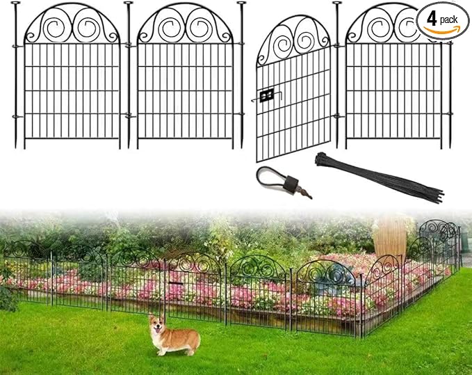 Tall Garden Fence with Gate, 36 Inch(H) 4 Panels Dog Fence Outdoor for Yard, Total Length 8.8 Ft Metal Temporary Dog Fencing│Patented
