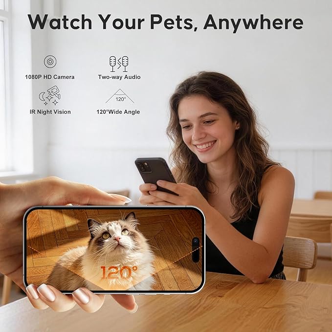 Automatic Cat Feeder with Camera,WiFi Cat Food Dispenser with App Control,1080P HD Video,Two-Way Audio, Transparent 4.2L Food Container (White)