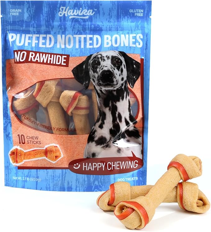 Havira Rawhide Free Dog Chew Bone, Puffed Peanut Flavor 10 Count Value Pack, 6–7 Inch Long Chews Easy to Digest for Daily Rewards, Training or Calm Chewing, Safe Rawhide Alternative Dogs Love