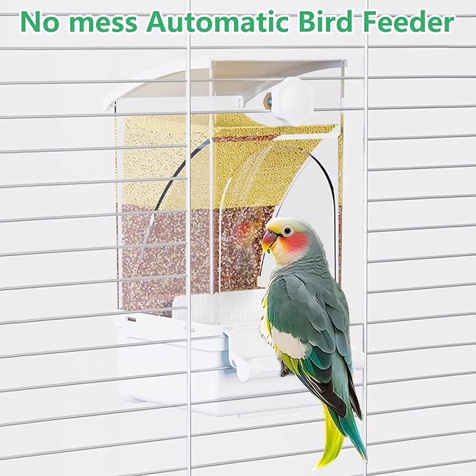 Hamiledyi 2Pcs Automatic Birds Feeder No Mess Bird Cage Feeder Transparent Acrylic Parrot Seed Food Container with Perch Bird Cage Accessories for Parakeet Finch Lovebirds Budgies Canary (White)