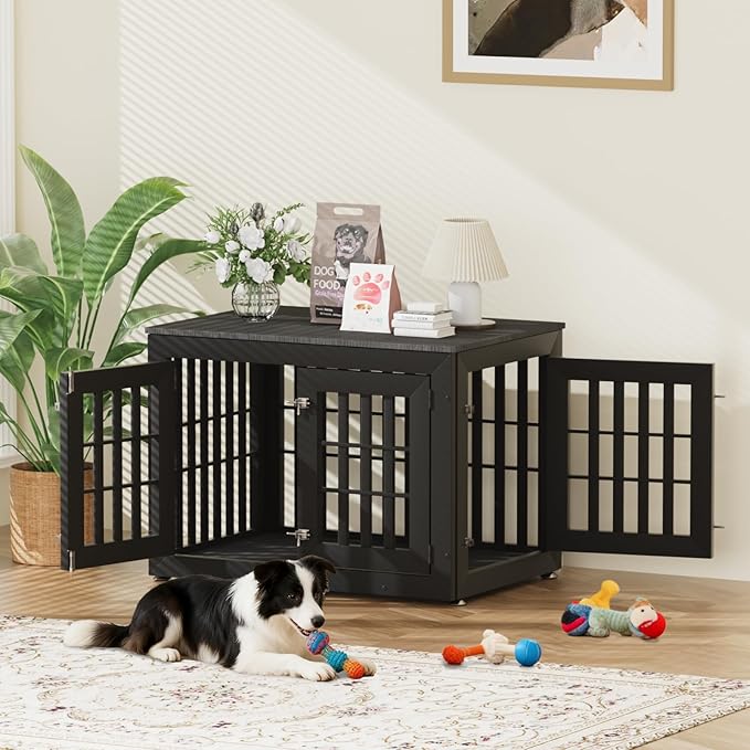 38" Heavy Duty Dog Crate Furniture for Small,Medium and Large Dogs,Rustic Wooden Dog Cage Kennel Indoor Furniture with Waterproof Top,Decorative Pet House Side End Table (Black)