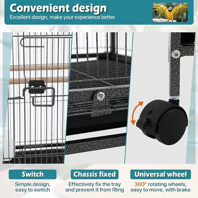 35 Inch Bird Cage with Stand Parrot Cage for Large Birds Parakeet Cages Wrought Iron Parakeet Birdcage with Play Open Top, Bottom Tray, 2 Feeders for Parakeets, Canary, Cockatiel